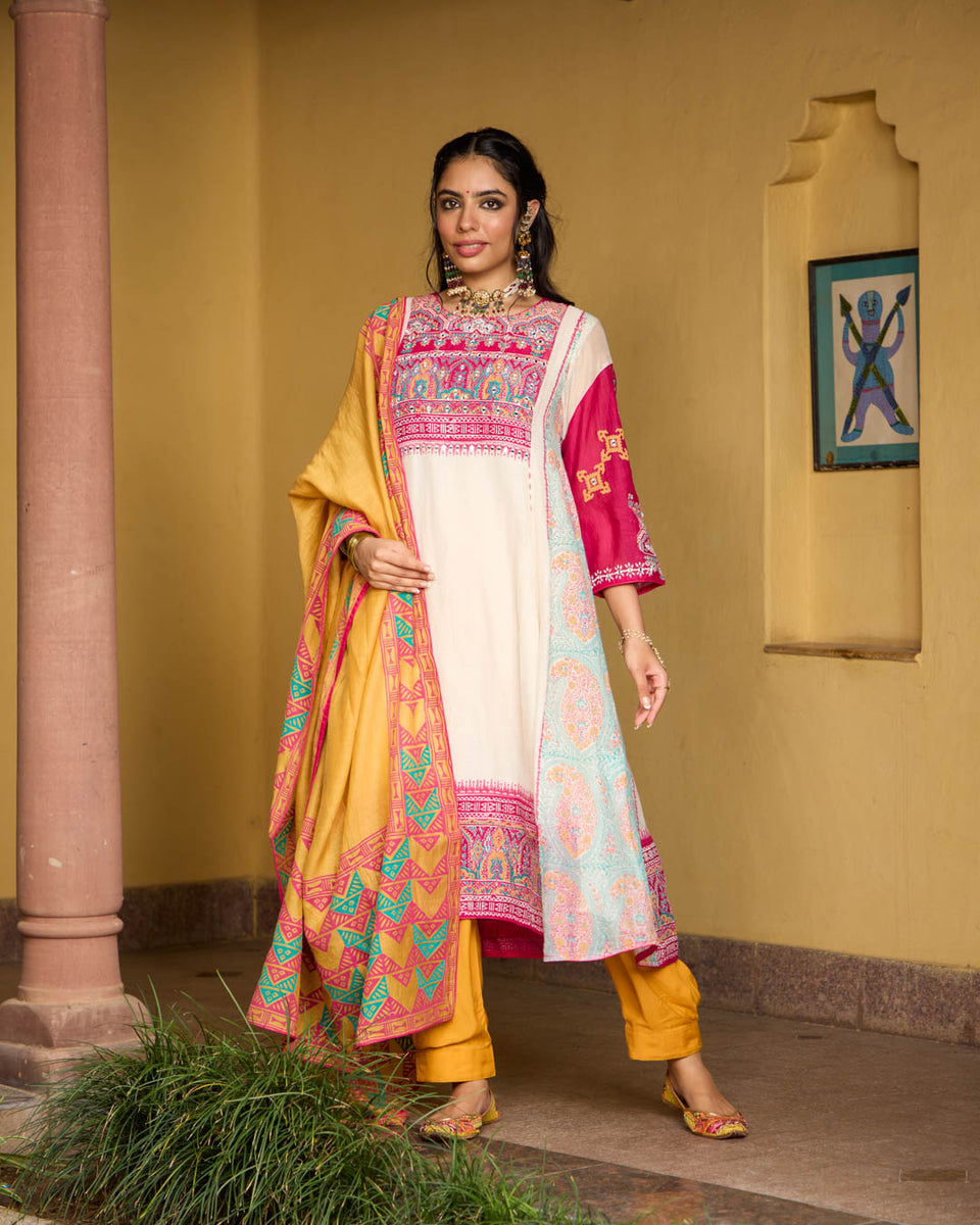 Off-White, Rani Pink and Mustard Phiran Suit Set – Ekasmaye